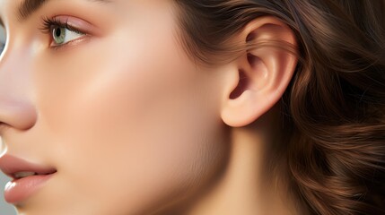 Obraz premium Close-up profile of a woman with soft, glowing skin and natural makeup.