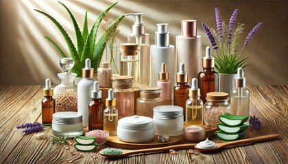 Natural Skincare Products on Wooden Table, Created with Generative AI Technology