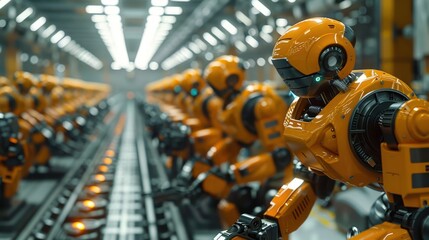 Fototapeta premium A robot is working in a factory with other robots