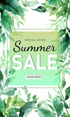 Watercolor frame with fresh greenery. Seasonal offer. Summer sale banner. Summertime background. Template, poster, invitation.