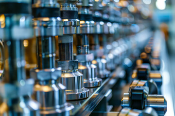 Fototapeta premium A row of shiny, metallic industrial tools lined up precisely in a workshop, symbolizing precision and craftsmanship in engineering.