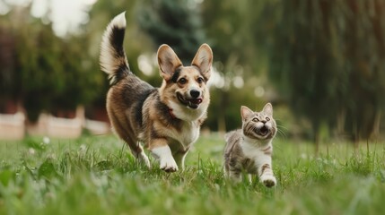 Playful Companions: A Dog and Cat Enjoying the Grass