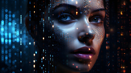 A futuristic digital portrait of a woman with abstract and technological elements, representing advanced technology.
