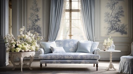 Timeless French floral toile, draped fabric, subtle hues, serene ambiance