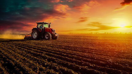 Fototapeta premium Tractor plowing a field, showcasing the beginning of the agricultural process.
