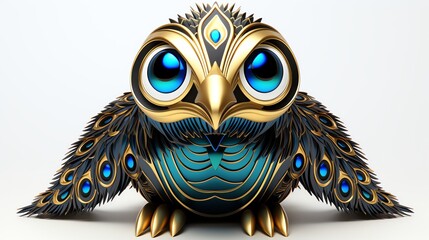 Digital artwork of a stylized owl with metallic and peacock feather-like details, featuring vibrant blue and gold colors against a white background.