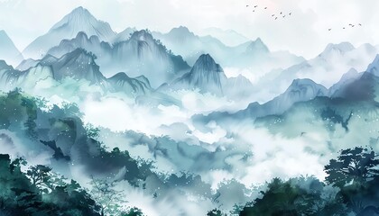Traditional Chinese landscape, misty mountains, watercolor style, serene, birdseye view,hand drawing