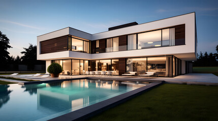 Fototapeta premium A luxurious modern mansion with a pool, showcasing contemporary architecture and high-end living.