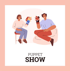 Mother and daughter put on a show using two sock puppets.