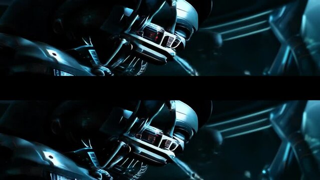 Stills from a science fiction film or game depicting a man wearing a high-tech helmet and suit, connected to various cables and devices. - Powered by Adobe