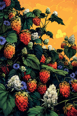 Fototapeta premium A vibrant set of illustrations featuring lush hop plants with golden and green tones. Perfect for craft beer, brewery, and agricultural themes. Ideal for seasonal designs and beverage branding.
