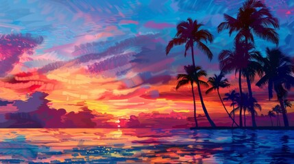 Tropical beach sunset with palm trees and vibrant sky. Artistic landscape and nature concept