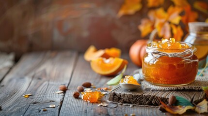 Sweet pumpkin jam on rustic table with copy space