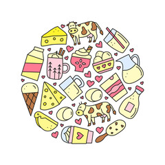 Cute doodle colored dairy products compose in circle shape. Farm milk products and cow.