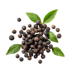 Black peppercorns (black pepper) with leaves isolated on transparent or white background