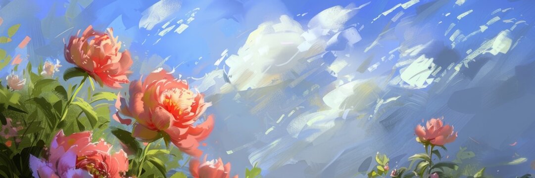 Painted Coral Peonies Against a Blue Sky - 1500 x 500, Thick Bold Strokes, Lush Color