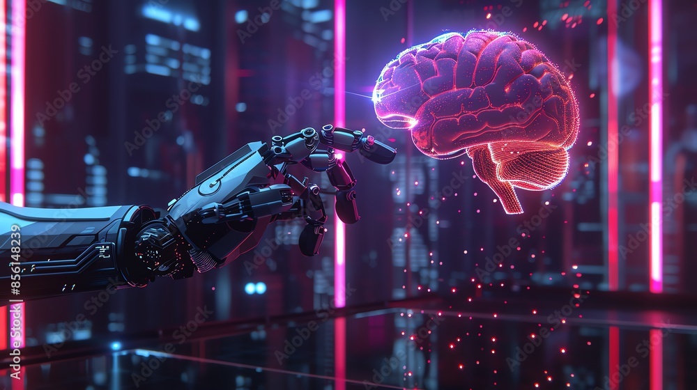 Poster futuristic robotic hand reaching towards a neon glowing brain in a high-tech environment symbolizing