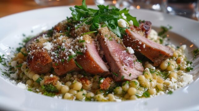Duck breast served with fregula pesto pasta fresh herbs and parmesan cheese froth