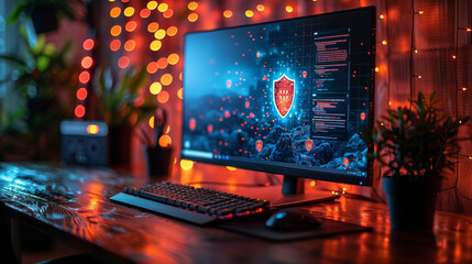 Fototapeta premium Computer screen displaying security shield icon, modern cybersecurity concept.