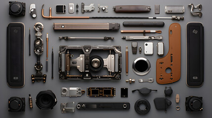 Obraz premium An artistic arrangement of vintage cameras and photography equipment, representing the art of photography.