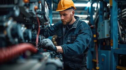A man in a yellow hard hat is working on a machine