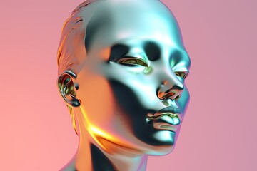 Colorful metallic human head in profile view on gradient background