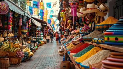 Colorful Mexican Market with Spices and Produce