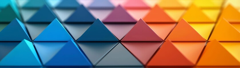 Colorful pyramid shapes arranged in gradient pattern, creating vibrant and dynamic abstract geometric background.