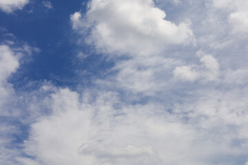 Panoramic photo of a blue sky with white cumulus clouds. Design of backgrounds, screensavers, postcards, covers.