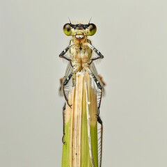 Close-up photo of a damselfly perched on a plant, showcasing its detailed features and natural colors against a neutral background.