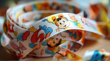 A ribbon featuring cartoon characters is used to adorn gifts