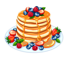 Vector illustration of delicious pancakes drizzled with sweet honey and with berries on a plate in cartoon style. Yummy pancakes with strawberries, blueberries, raspberries and green mint leaves.