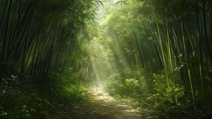 Obraz premium Serene Pathway Through a Lush, Dense Bamboo Forest with Sunlight Filtering Through the Green Canopy