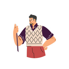 Billiards player holds a cue and waits for his turn.