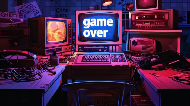 Retro gaming setup with game over screen