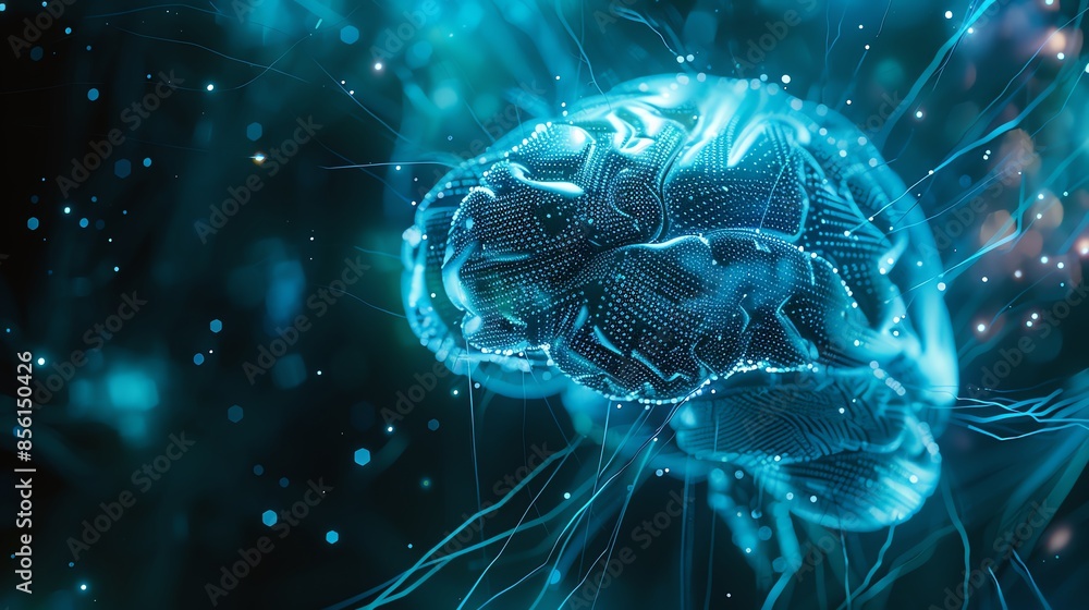 Poster futuristic digital rendering of a human brain glowing in blue light, symbolizing artificial intellig