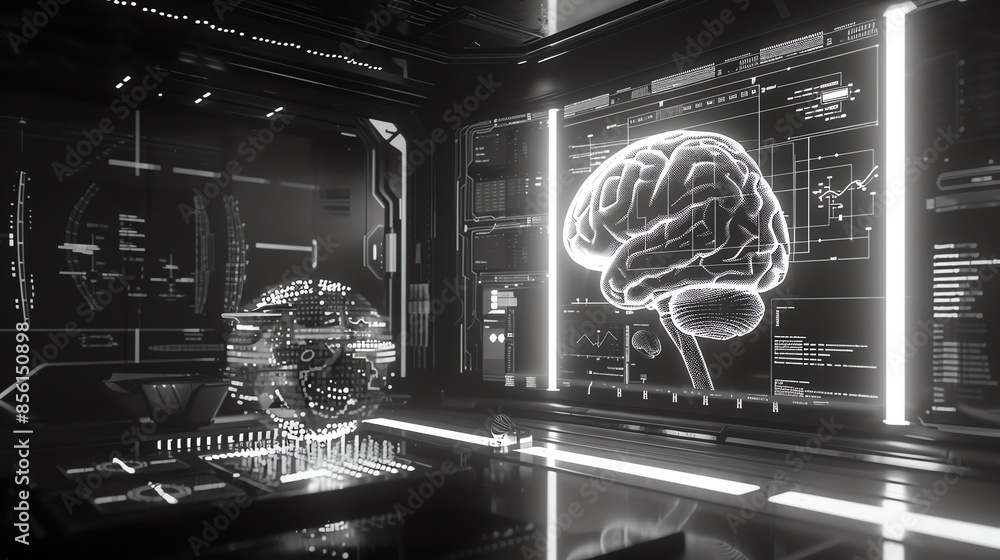 Aufkleber futuristic control room with holographic brain interface and digital displays, representing advanced