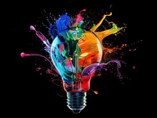 Creative light bulb explodes with colorful paint and splashes on a black background. Think differently creative idea concept