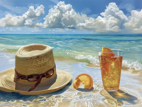 De vacaciones en la playa. Copas y sombrero de paja al sol de verano en una playa del Caribe.
