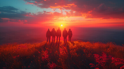 Fototapeta premium Group of hikers walking in meadow at sunset.