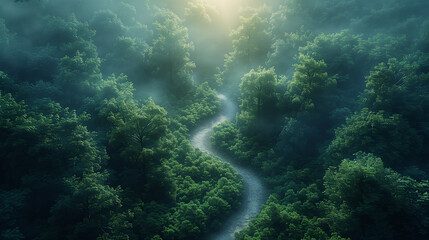 Fototapeta premium Aerial view of dense serene forest with sunlight.