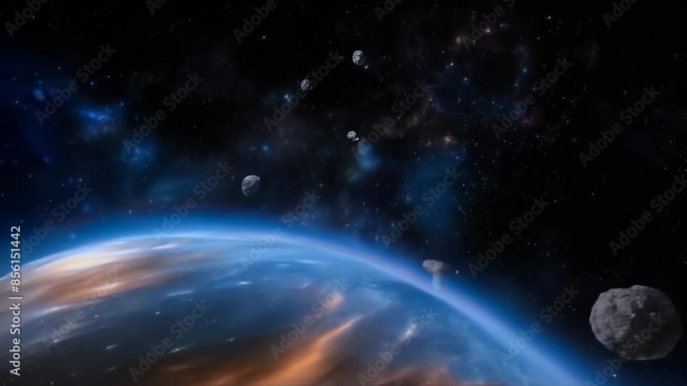 Poster illustration animation of the galaxy and flying against the background of the starry sky. the planet