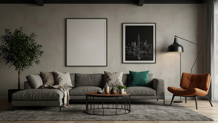 Elegant minimalistic design room loft flat living room bedroom with mockup poster under sofa