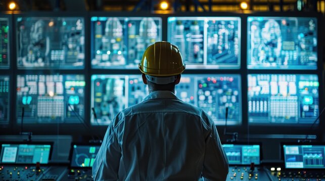 A man in a yellow helmet stands in front of a computer monitor with a serious ex