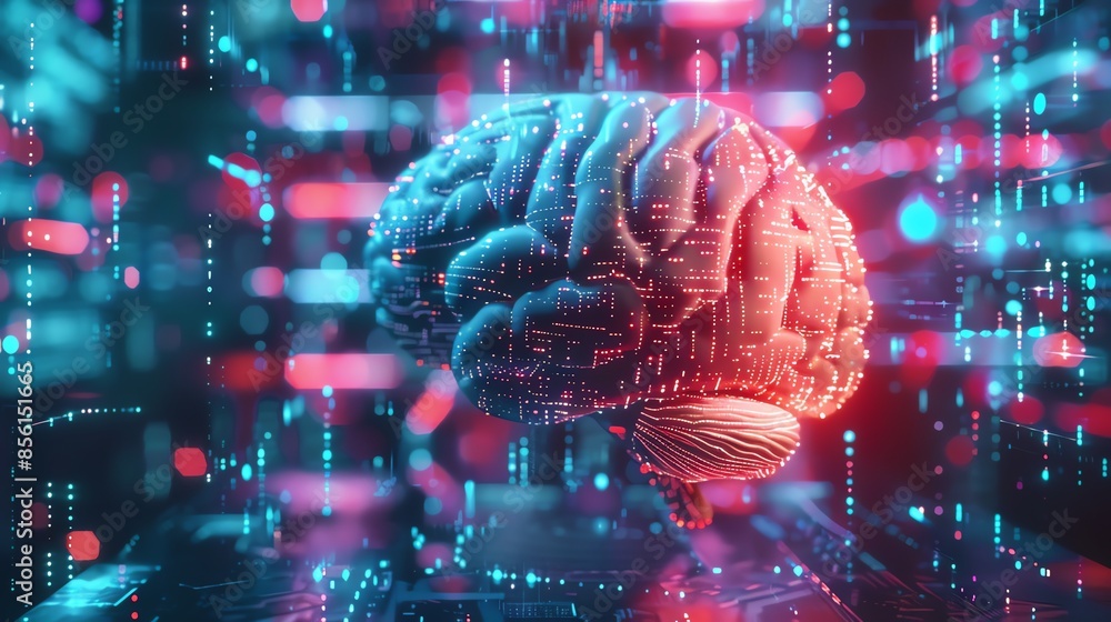 Poster futuristic digital brain hologram surrounded by data, symbolizing artificial intelligence, technolog