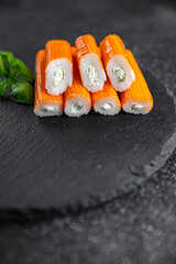 crab stick stuffing cream cheese and herbs natural fresh appetizer meal food snack on the table copy space food background rustic top view