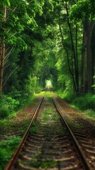 Obraz premium Railroad track through lush green forest, serene natural tunnel. Adventure and exploration concept