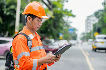 Construction worker in an orange safety outfit and helmet, standing on a busy street while marking notes on a clipboard.