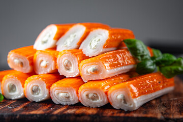 crab stick stuffing cream cheese and herbs natural fresh appetizer meal food snack on the table copy space food background rustic top view