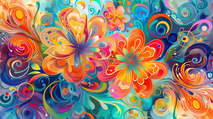 Naklejka premium Vibrant floral abstract art with swirling patterns, colorful illustration.
